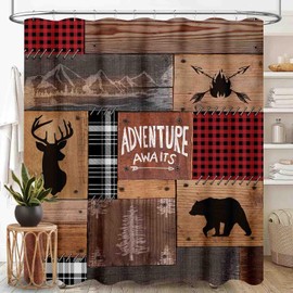 Cabin Shower Curtain for Bathroom, Rustic Retro Farmhouse Lodge Elk Bear Moose Deer Country Wild Animals Hunting Adventure Wooden Vintage Waterproof Fabric Shower Curtain Set with Hooks, 72"x72" Inch