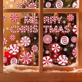 AnyDesign 9 Sheets Christmas Window Clings Xmas Red White Candy Lollipop Peppermint Window Decals Double-Sided Winter Holiday Window Decor