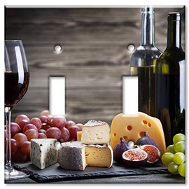 Art Plates 2 Gang Toggle Decorative Metal Wall Plate - Red Wine and Cheese - (Made in USA)