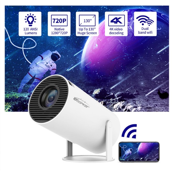 WOOPKER Projector 4K Home Cinema Mini HD Projector Short Distance, WiFi6 and Bluetooth 5.0 with Android OS 11.0 180 Degree Angle, 130 Inch Display for Phone/PC/Lap/PS5/Xbox/Stick