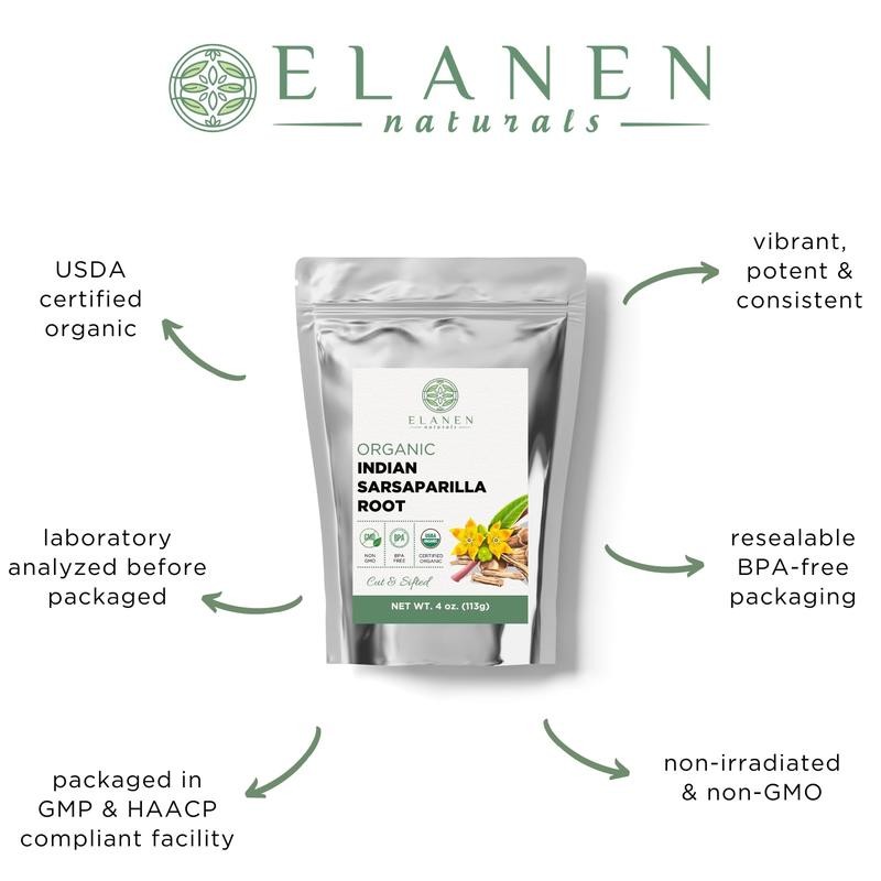Elanen Naturals Indian Sarsaparilla Root, USDA Certified Organic, Cut &