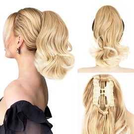 VCAY Ponytail Extension, 12 Inch Claw Clip in Hair Extensions, Hold Securely, Tangle-Free,Wavy Natural Looking Synthetic Pony Tails Extension for Daily Use (Golden Blonde with Light Ends, 12 Inch)