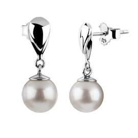 Nenalina Silver Women's Earrings Stud Earrings with Shell Pearls 8 mm, 925 Sterling Silver, Long Earrings for Women, Wedding Earrings, 722159-046, Sterling Silver, Pearl