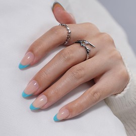 Sifvoo French Tip Press on Nails, Short Press on Nails Almond Reusable Glossy Blue Nails Soft Gel False Nails Press ons for Women, 16 Sizes 32 Count Nails Kit with Glue (SV-011)