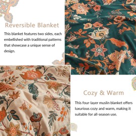 Boho Throw Blanket for Couch Sofa Bed, 100% Cotton Woven Quilt with Tassel 80”x90”, Super Soft Muslin Blanket with Floral Printed, Decorative Reversible Bed Blanket/Cover for All Seasons