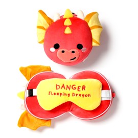 Puckator Relaxeazzz Adoramagics Round Plush Travel Pillow and Eye Mask with Dragon Motif - Plush Sleeping Mask for Aeroplane - Flight Pillow for Kids and Adults - Cute Sleeping Mask