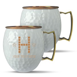 Custom Copper Moscow Mule with Hammered Painted Finish - Engraved Bar Style 100% Copper Cup with Pixel Fonts Monogram Gamer Themed Engraving, Brass Handle | 18 oz, White | Set of 2