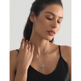 YL Caduceus Necklace Sterling Silver Angel Wings Snake Pendant Created Aquamarine Doctor Nurse Themed Jewelry for Women