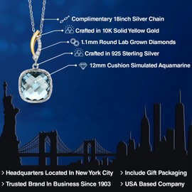 Gem Stone King 925 Sterling Silver Sky Blue Simulated Aquamarine and White Lab Grown Diamond Pendant Necklace for Women | 6.05 Cttw | Gemstone March Birthstone | Cushion 12MM | With 18 Inch Chain
