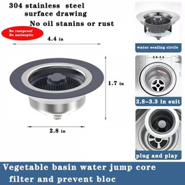 ANXHYH 3-in-1 Kitchen Sink Drain Filter Pop-up Stopper with Filter Basket 304 Stainless Steel It has The Function of Fast Drainage and Odor Isolation Suitable for U.S. Standard 3-1/2" Sink drains