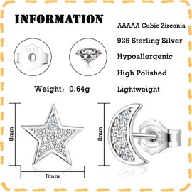 Deyanse Silver Stud Earrings for Women, 925 Sterling Silver Star Moon Heart Stud Earrings, Hypoallergenic Flat Stud Earrings with Zirconia, Small 8 mm Sleeping Cartilage Stud Earrings with Gift Box,