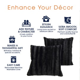 Cheer Collection Faux Fur Throw Pillows - Set of 2 Decorative Couch Pillows - 18" x 18" - Black