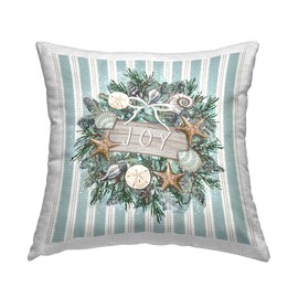 Stupell Industries Nautical Seashell Holiday Wreath Blue Stripes Outdoor Printed Pillow, 18 x 18