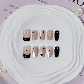 Medium Square Press on Nails French Tip Handmade False Nails with Designs/Charms, Y2k Short Coffin Reusable Fake Nails (Nude Cat Eye+Black, S)