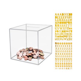 Clear Acrylic Money Box, Smash Money Saving Jar with Stickers Unopenable Clear Piggy Bank for Adults Kids, 4.72”× 4.72”× 4.72”