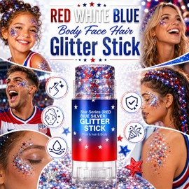 Patriotic Red White Blue Hair Glitter,4th of July Glitter Stick,Red White and Blue Accessories,Glitters Stick for Face,4th of July Decorations,USA Flag Makeup for 250 Anniversary(2PCS-02)