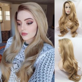 Xiweiya Omber Medium Blonde Synthetic Lace Front Wig with Light Brown Roots Long Body Wave Lace Wigs Side Part Heat Resistant Fiber Hair Replacement Wigs for Women Daily Wear 24”