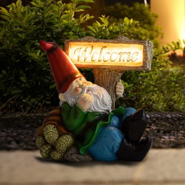 Histoacryl Garden Gnomes Outdoor Decoration, Gnome Tortoise Welcome Sign Sculptures & Statues with Solar Powered Lights, Waterproof Outside Figurine Decor for Patio, Lawn, Yard，Home Ornament
