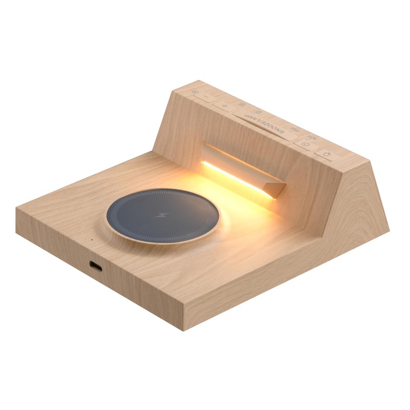 3-in-1 Alarm Clock with Wireless Charging & Night Light, Wood