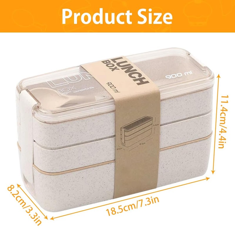 Mejiwasmi Portable Bento Box, 3-layers Lunch Box, 900ML Wheat Straw