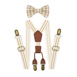 BEWDIO Brown Baby Suspenders and Bow Tie for Boys, Stripe Bowtie and Suspenders with 4 Strong Metal Clips (4-12-1)