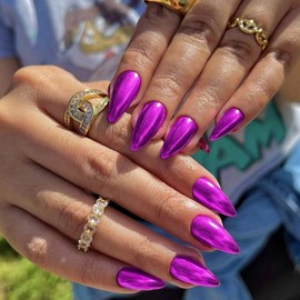 Mirror Metal Purple Almond Shaped Chrome Glazed Medium Almond Nails Press On Bling Shiny Plating Acrylic Reusable Fake Stiletto Glue On Nails