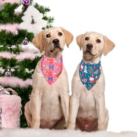 PTDECOR Christmas Dog Bandana, Reversible Holiday Xmas Dog Scarf, Multi Size Offered, Pink Blue Dog Christmas Bandanas for Medium Large Dogs Pets (Pink&Blue, Large)