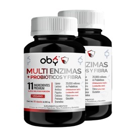Oby Multi Enzimas digestivas, Probióticos | 7 tipos enzimas + Probióticos Bifidobacterium y Lactobacilos + Fibra Psyllium Husk + Glutation | 2 Pack 120 capsulas veganas (60 caps por frasco)