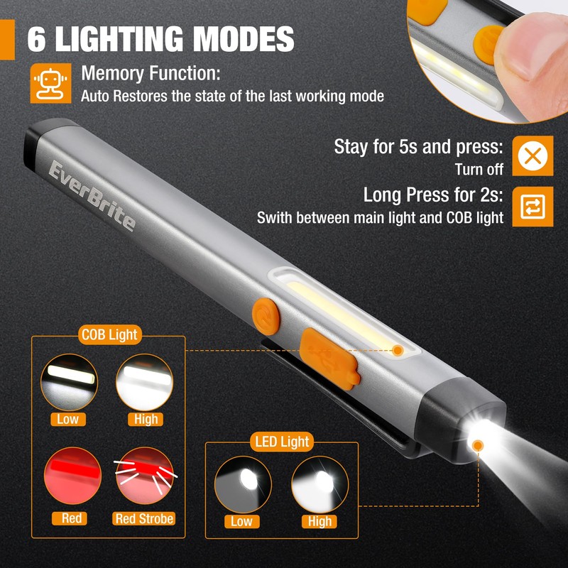 EverBrite Pen Flashlight, Rechargeable LED Pen Light, COB Light with
