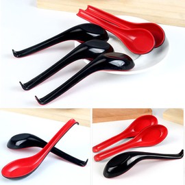 Rice Spoons Ramen Noodle Soup Ladle Red Soup Spoons Serving Spoons Chinese Won Ton Soup Spoon Asian Plain Style Soup Spoons (8, Red/Black)