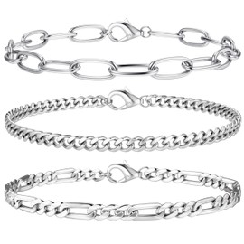 KRFY Bracelet for Womens 925 Sterling Silver Clip Bracelets Silver 14 K Gold Plated Figaro Cuban Snake Chains Bracelet Stackable Silver Bracelets Set for Women