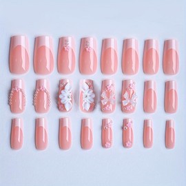 Bow Press on Nails Glossy Pink Fake Nails Cute Flower Pearl Designs Long Square False Nails Stick on Nails Full Cover French Tip Acrylic Nail Art Kit for Women Manicure Decoration 24 Pcs