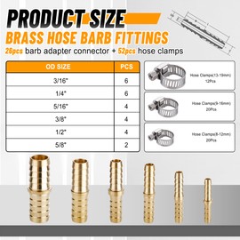 Ailbiuko 26PCS Brass Hose Barb Fitting,Barb Splicer Mender Hose Fittings 3/16" 1/4" 5/16" 3/8" 1/2" 5/8" with 52Pcs Stainless Steel Pipe Hose Clamps for Air/Fuel/Water/Oil Hose