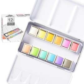 PHOENIX Pastel Watercolor Paint Set - 12 Half Pan Solid Colors, Artist Grade Palette Watercolor Travel Set Portable Metal Case for Adults, Professional Artists