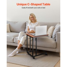 VEVOR C Table, C Shaped Sofa Side Table with Metal Frame Rolling Casters, Portable C Shaped End Stand for Living Room Bedroom Office, 19.69 x 13.78 x 23.82 inches Laptop Side Tables, Brown and Black