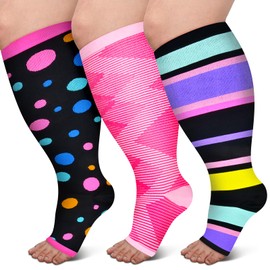 PAMAID Open Toe Compression Socks for Women 3 pairs Toeless Sock Wide Calf Knee High Support Sock