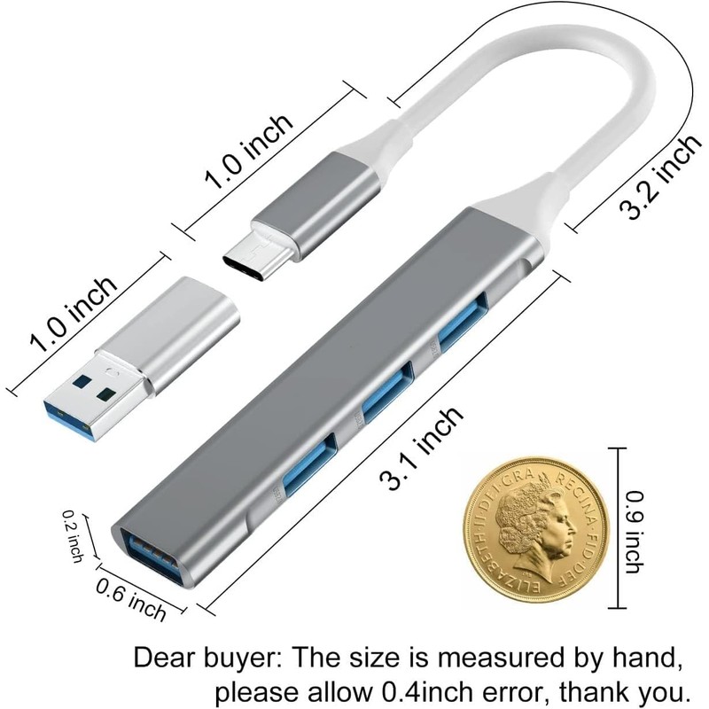 USB-C Hub, 4 Ports USB Hub USB Splitter USB C