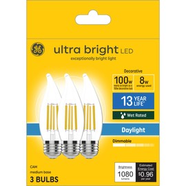 GE Ultra Bright LED Light Bulbs, 100W, Daylight Candle Lights, Clear Decorative CA12 Light Bulbs, Medium Base (3 Pack)