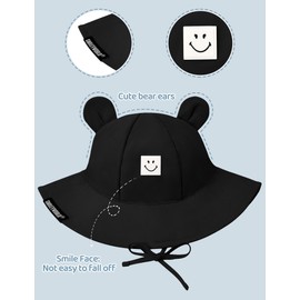 Durio SmileyWorld Baby Sun Hats 0-6 Months with Bear Ear, UPF 50+ Sun Protection Baby Bucket Hat, Wide Brim Smile Face Infant Sun Hat for Boys Girls, Newborn Summer Hat Black 0-6 Months