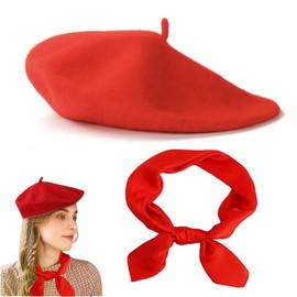 Wxinsheng Baskenmütze,Klassisch Plain Französischer Stil Barett Baskenmütze Mit Roter Schal für Geburtstage und Feiertage von Ehefrauen und Besten FreundeI