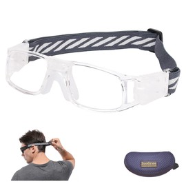 SooGree Gafas deportivas - Gafas protectoras para baloncesto, fútbol, fútbol, deportes, gafas de seguridad para los ojos, montura de policarbonato extraíble con correa ajustable (marco transparente 8107, almohadilla blanca)