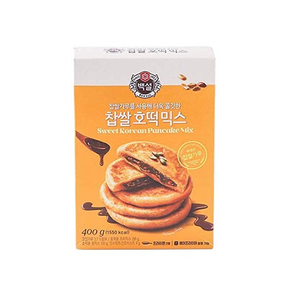 Korean Fancy Hotcake Mix; CJ Beksul Korean Sweet & Green Tea Pancake Mix, Hotteok (14.10 oz, 400g) ; 국민꿀간식 CJ 백설 호떡, 녹차호떡 믹스; 바로 구워 먹는 쫄깃한 호떡 (Sweet, 2 Packs)