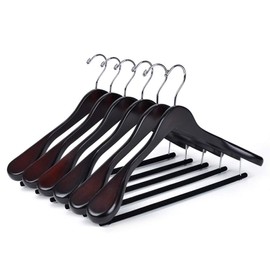 Luxury Wide Shoulder Wooden Hangers 6 Pack, with Velvet Bar, Smooth Mahogany Finish Wood Suit Hanger Coat Hanger for Closet, Holds Upto 20lbs, 360° Swivel Hook, for Jacket, Dress Heavy Clothes Hangers