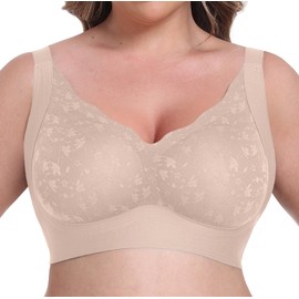 OLRIK Bras for Older Women Full Coverage Wireless Comfort Back Fat Smoothing Wide Supportive Straps Wirefree No Underwire T-Shirt Bralettes with Bra Extenders 4 Hook Nude-2XL