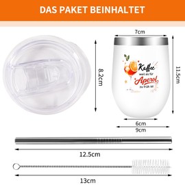 Aperol Stainless Steel Wine Tumbler with "Coffee Because It's Too Early for Aperol", 12 oz 304 Wine Cup with Lid, Straw Brush, Cup Brush and Straw, Gift Set for Women, Colleague
