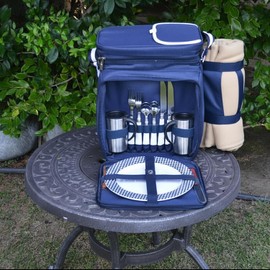 Picnic at Ascot Insulated Picnic Basket/Cooler Fully Equipped for 2 with Blanket - Navy