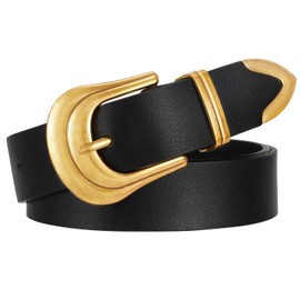 SANSTHS Women's Leather Belt Plus Size Ladies Western Belt Silver Gold Buckle Black Waist Belt for Jeans Pants Dresses, Black S
