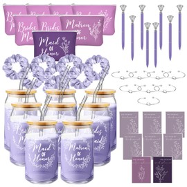 Irenare 48 Pcs Bridesmaid Proposal Gifts Maid of Honor Gifts Bridal Shower 16oz Glass Cups Cosmetic Makeup Bags Invited Cards Scrunchies Hair Knotted Bracelets Diamond Pens (Purple)