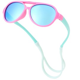 COASION Baby Polarized Sunglasses Flexible Rubber Shades with Adjustable Strap for Infant Toddler Boys Girls Ages 0-24 Months (Pink/Blue Mirror)