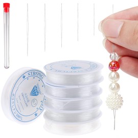 KOLZEMV 6 Spools Elastic Band for Bracelets, Nylon, Rubber, Elastic Nylon Cord with Beading Needle, Tear-Resistant Rubber Band, Jewellery Thread, Transparent Bracelet Cord, 0.4, 0.5, 0.6, 0.7, 0.8,